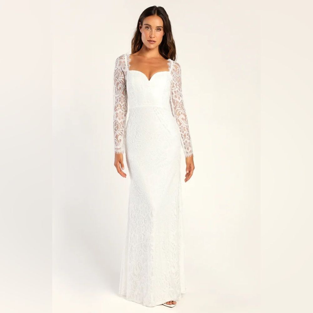 LULUS SIZE L My Truest Love White Lace Long Sleeve Mermaid Maxi Dress wedding